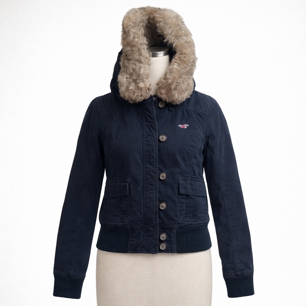 Y2K Navy Hollister fur lined faux fur hood bomber jacket